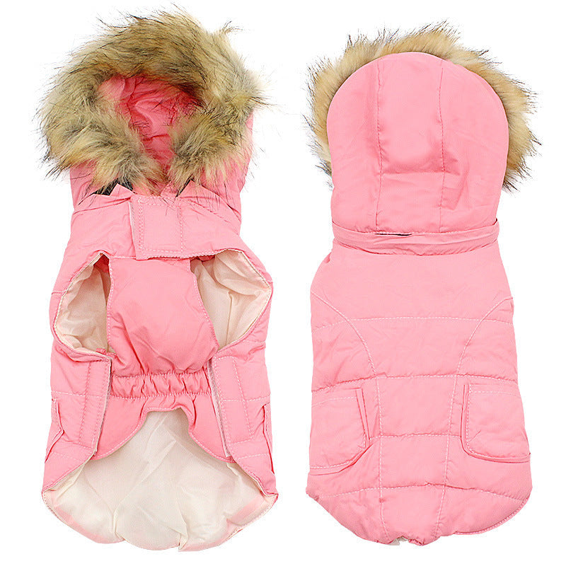 JMT-266314 Winter Detachable Hooded Dog Clothes with Fur Collar - Stylish Polyester Outerwear in Blue, Red, Pink