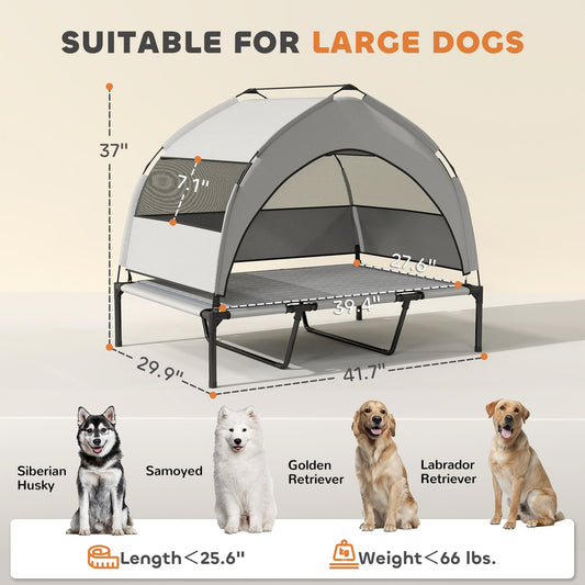 JMT-267850 Elevated Dog Bed with Removable Canopy and Cooling Pad, Portable Raised Pet Cot with Storage Bag, 42 x 30 x 37 inches