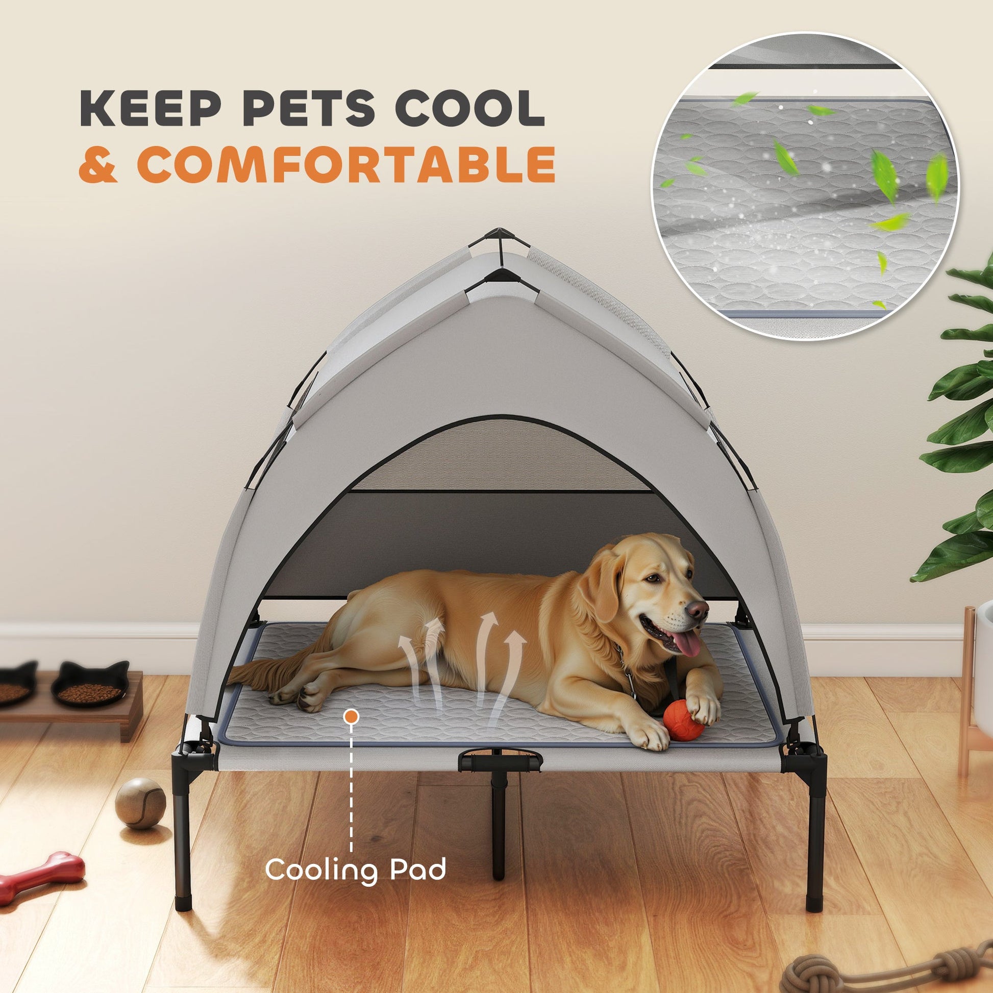 JMT-267850 Elevated Dog Bed with Removable Canopy and Cooling Pad, Portable Raised Pet Cot with Storage Bag, 42 x 30 x 37 inches