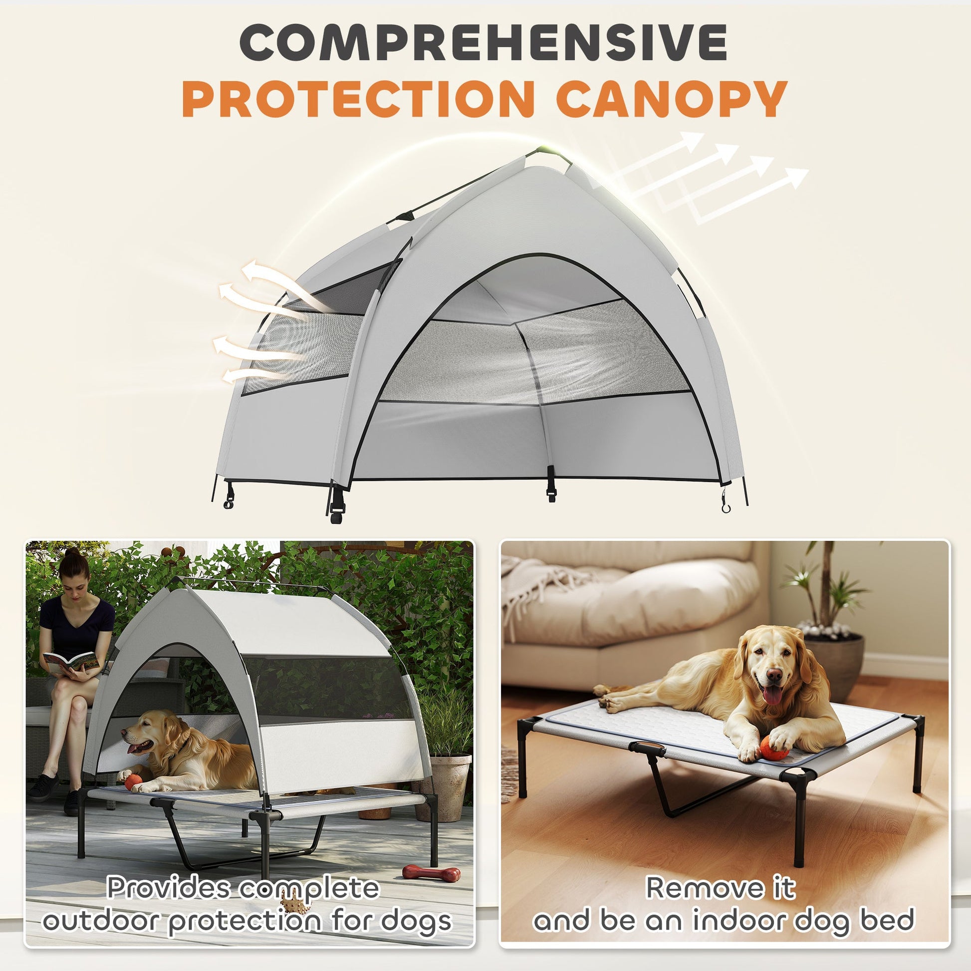 JMT-267850 Elevated Dog Bed with Removable Canopy and Cooling Pad, Portable Raised Pet Cot with Storage Bag, 42 x 30 x 37 inches