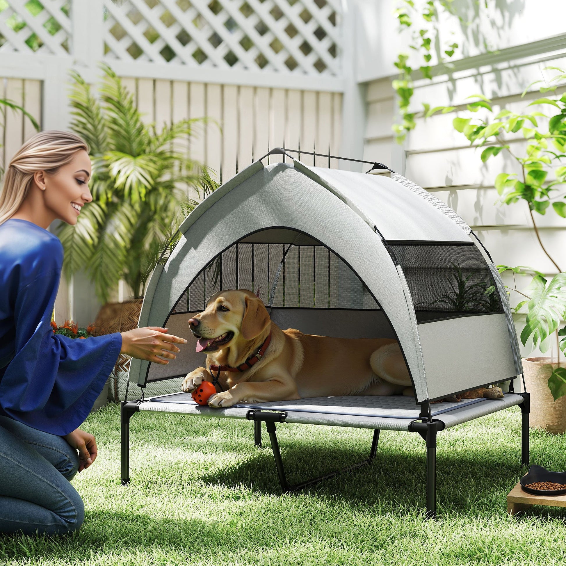 JMT-267850 Elevated Dog Bed with Removable Canopy and Cooling Pad, Portable Raised Pet Cot with Storage Bag, 42 x 30 x 37 inches
