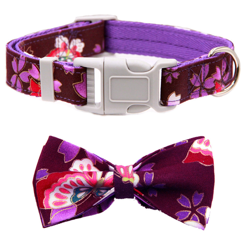 JMT-268490 Floral Adjustable Dog Collar with Bow Tie - Four Season Comfortable Polyester Design