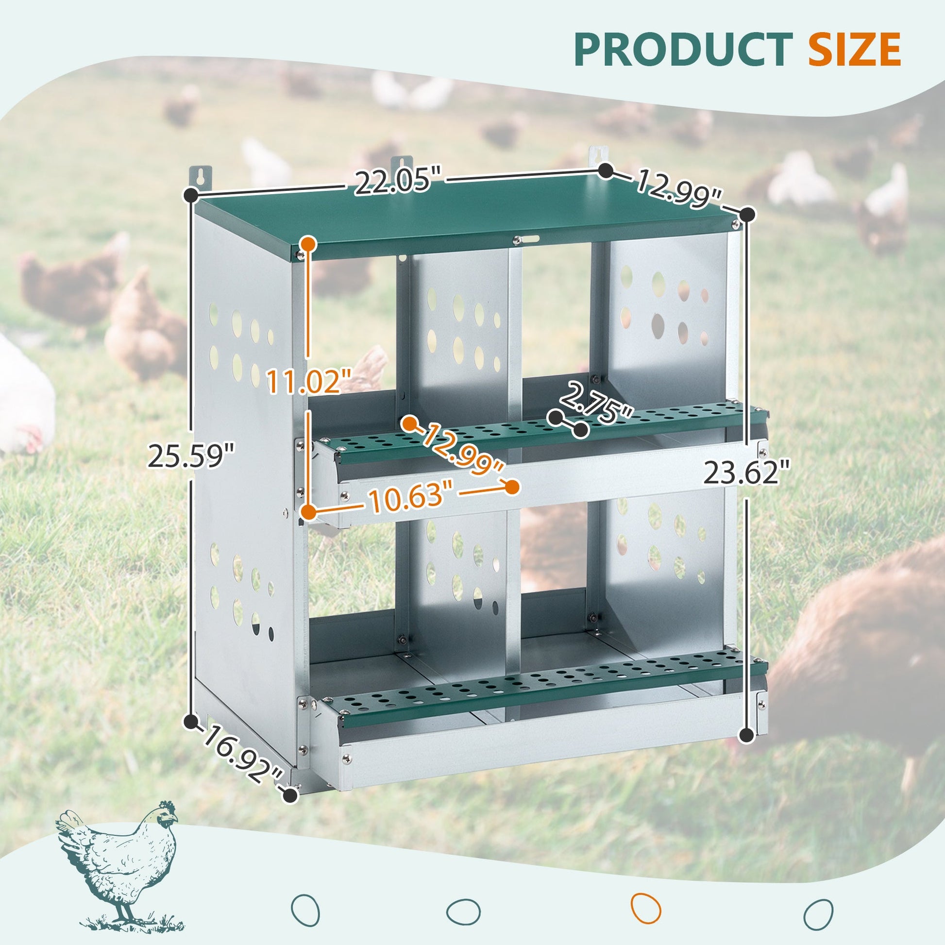 JMT-269002 4 Compartment Metal Nesting Box for Chickens - Galvanized Steel Wall-Mount Egg Laying Coop