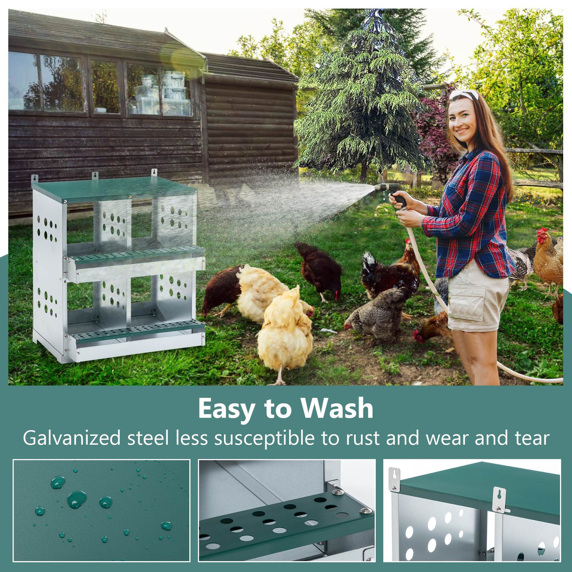 JMT-269002 4 Compartment Metal Nesting Box for Chickens - Galvanized Steel Wall-Mount Egg Laying Coop