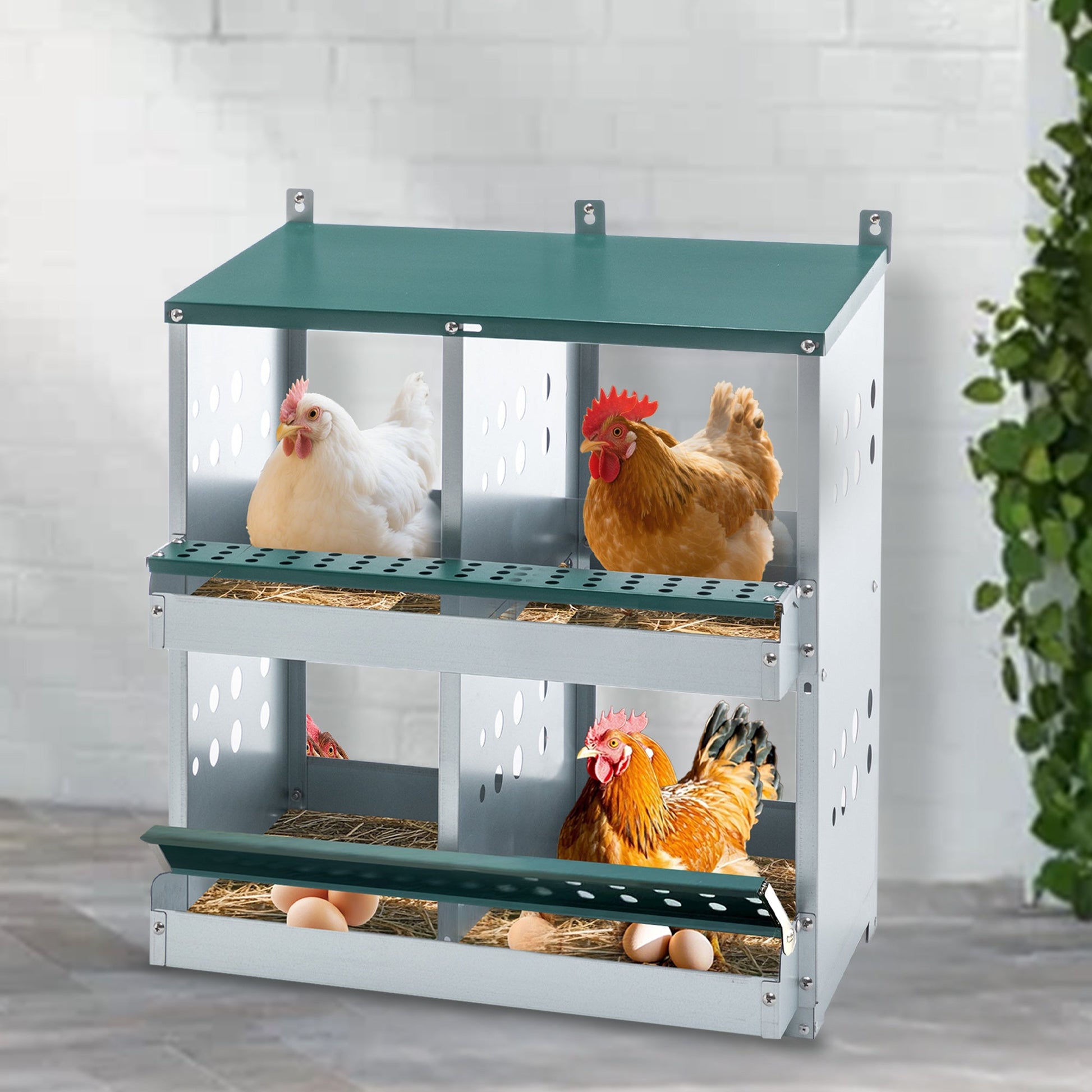 JMT-269002 4 Compartment Metal Nesting Box for Chickens - Galvanized Steel Wall-Mount Egg Laying Coop