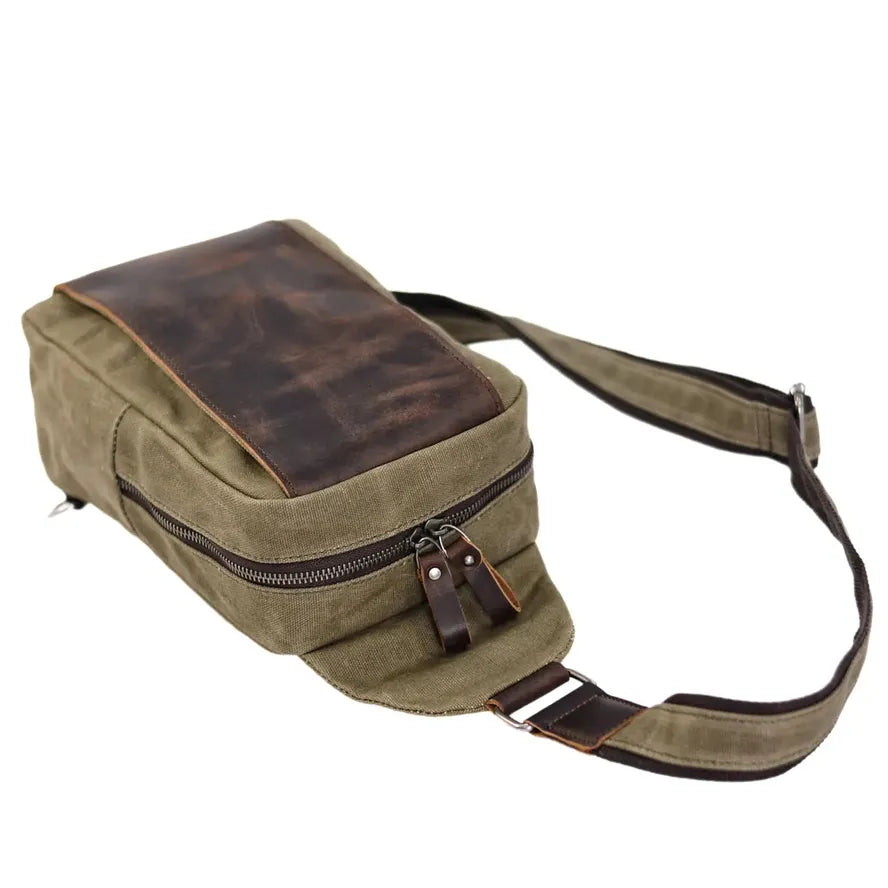 JMT-270026 Casual Waterproof Chest Bag in Batik Canvas and Cowhide for Outdoor Travel