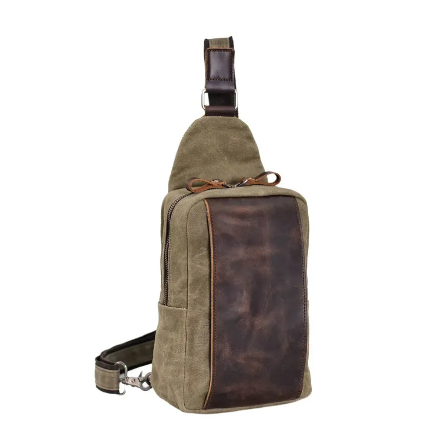 JMT-270026 Casual Waterproof Chest Bag in Batik Canvas and Cowhide for Outdoor Travel