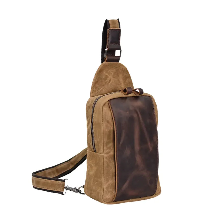 JMT-270026 Casual Waterproof Chest Bag in Batik Canvas and Cowhide for Outdoor Travel