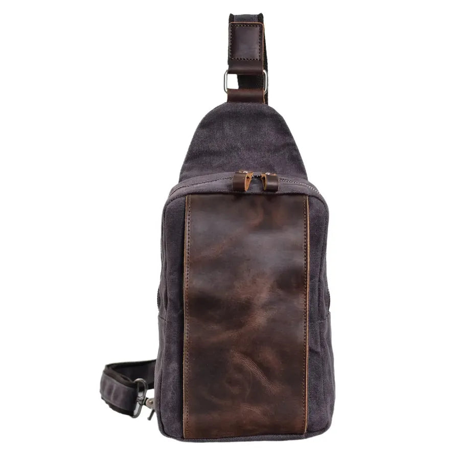 JMT-270026 Casual Waterproof Chest Bag in Batik Canvas and Cowhide for Outdoor Travel