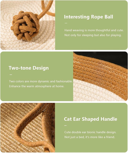 JMT-271114 Hand Woven Cat Bed with Toy Tail - Natural Cotton Linen Kitten House and Scratch Pad for Small Breeds, Breathable and Durable