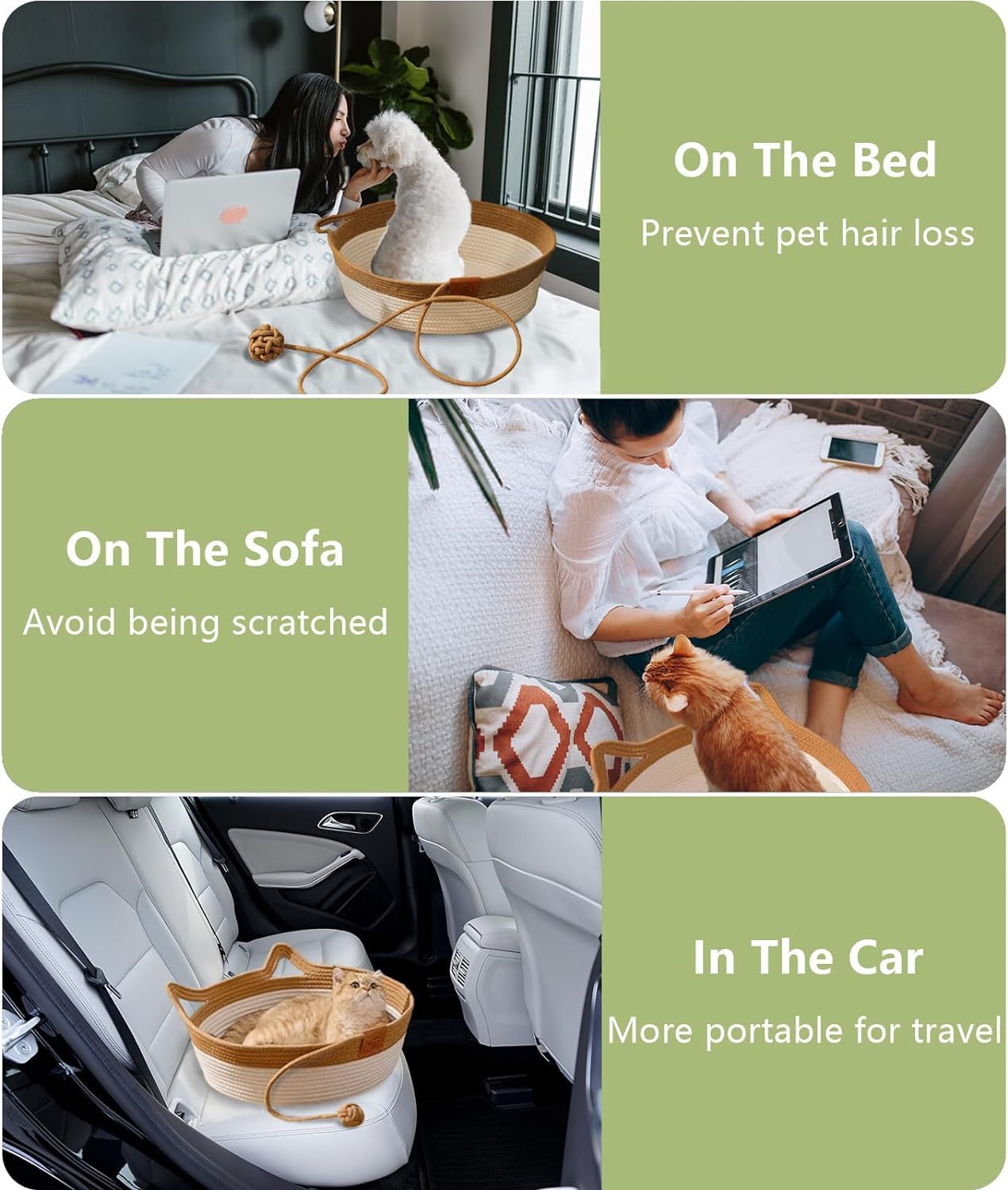 JMT-271114 Hand Woven Cat Bed with Toy Tail - Natural Cotton Linen Kitten House and Scratch Pad for Small Breeds, Breathable and Durable