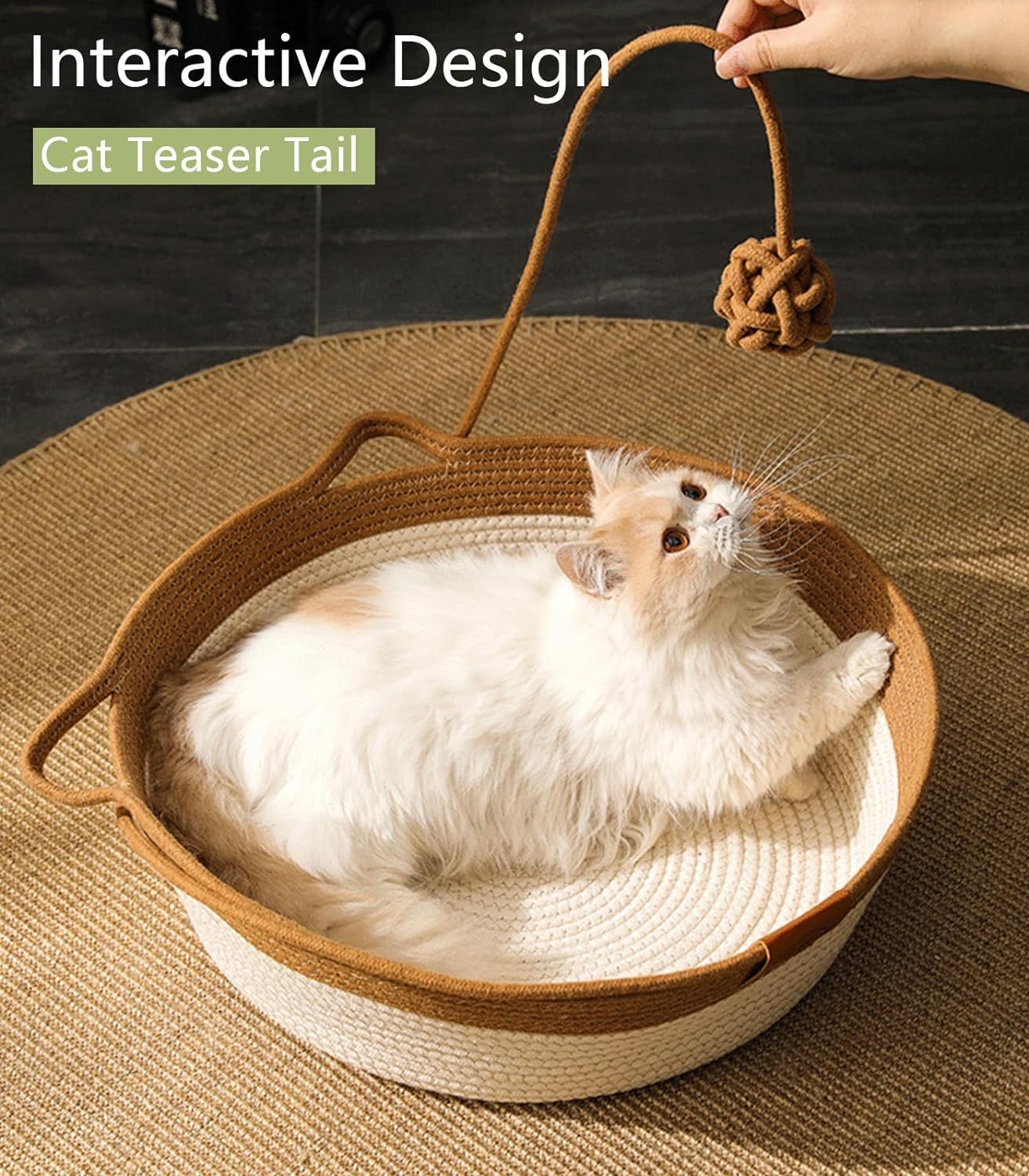 JMT-271114 Hand Woven Cat Bed with Toy Tail - Natural Cotton Linen Kitten House and Scratch Pad for Small Breeds, Breathable and Durable