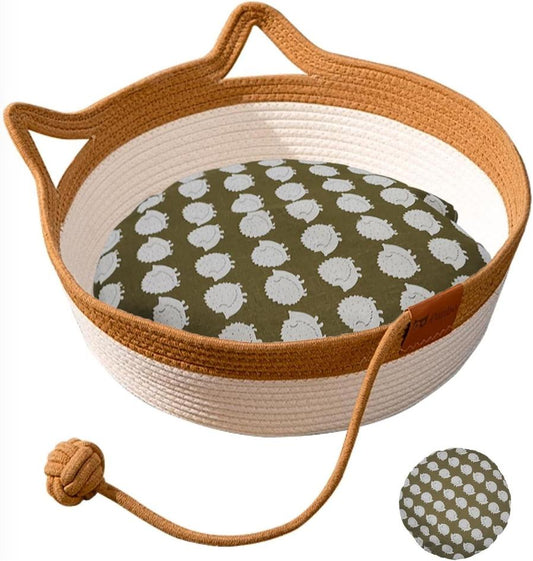 JMT-271114 Hand Woven Cat Bed with Toy Tail - Natural Cotton Linen Kitten House and Scratch Pad for Small Breeds, Breathable and Durable