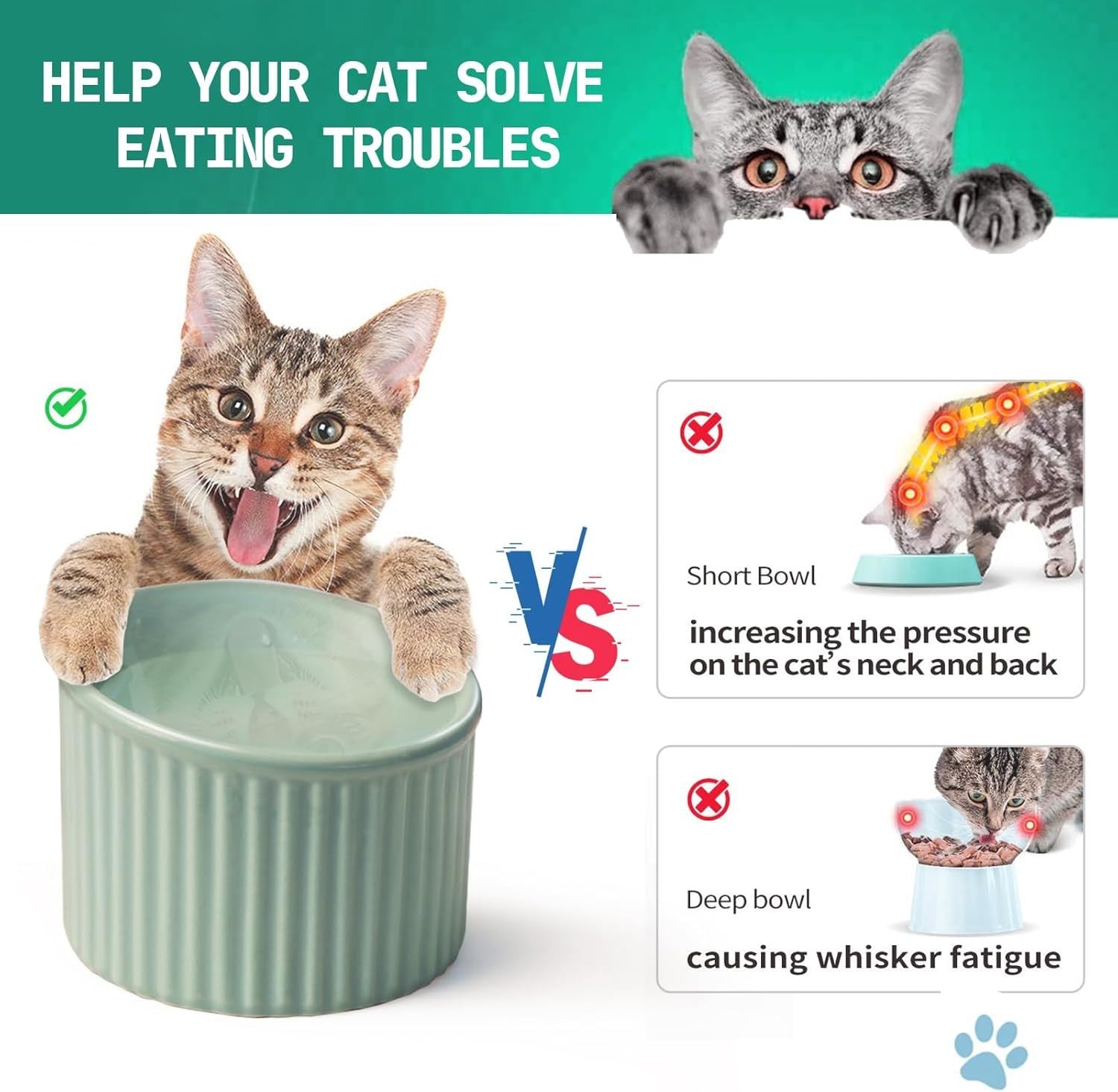 JMT-272266 Elevated Ceramic Cat Bowl Set - Whisker-Friendly, Anti-Vomit Design for Food and Water, Ideal forIndoor Cats and Puppies