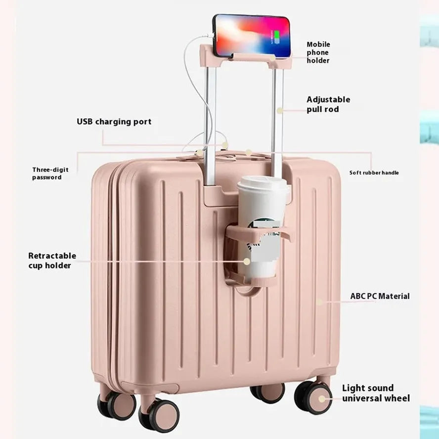 JMT-272394 20-Inch Hard Shell Suitcase with Built-In Cup Holder for Student Travel and Boarding