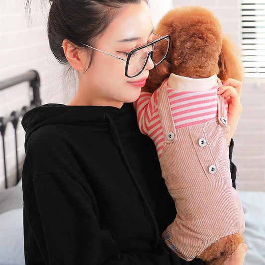 JMT-273226 Khaki and Wine Red Striped Corduroy Four-Legged Dog Outfit for Autumn and Winter