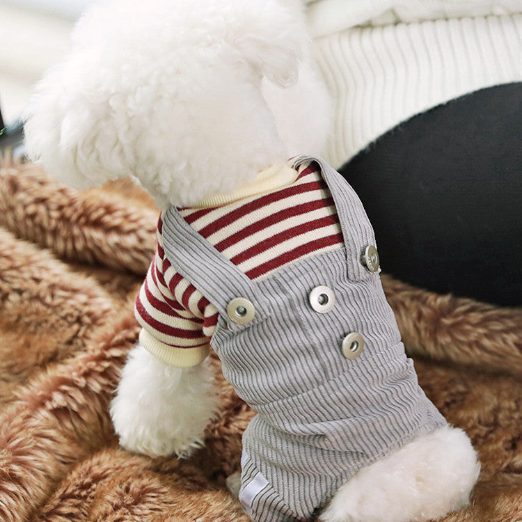 JMT-273226 Khaki and Wine Red Striped Corduroy Four-Legged Dog Outfit for Autumn and Winter