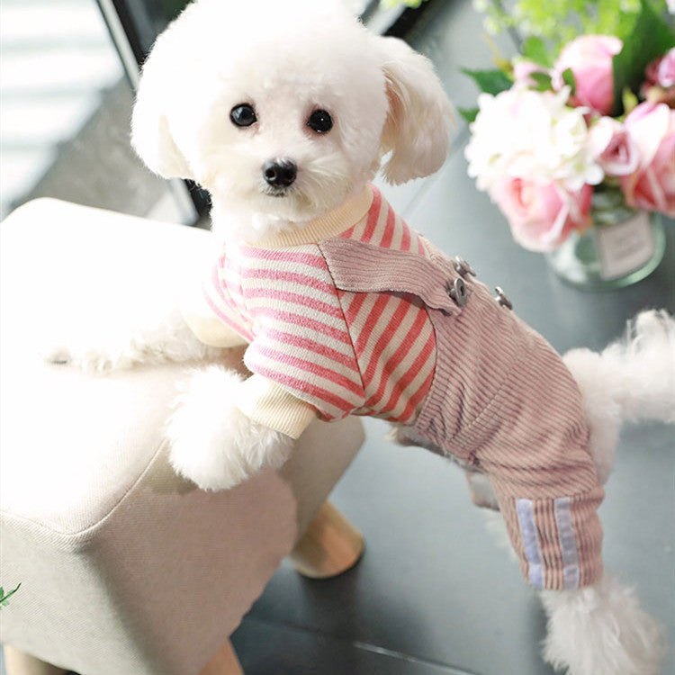 JMT-273226 Khaki and Wine Red Striped Corduroy Four-Legged Dog Outfit for Autumn and Winter