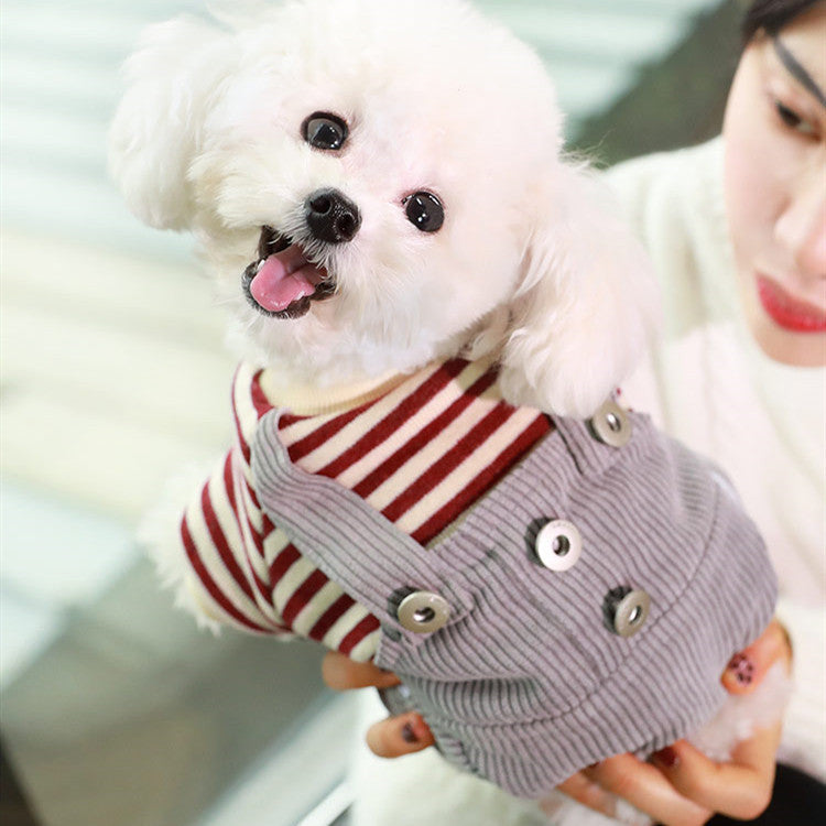 JMT-273226 Khaki and Wine Red Striped Corduroy Four-Legged Dog Outfit for Autumn and Winter