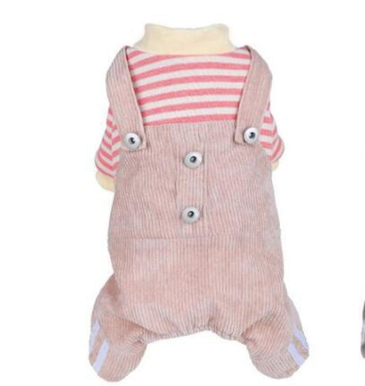JMT-273226 Khaki and Wine Red Striped Corduroy Four-Legged Dog Outfit for Autumn and Winter