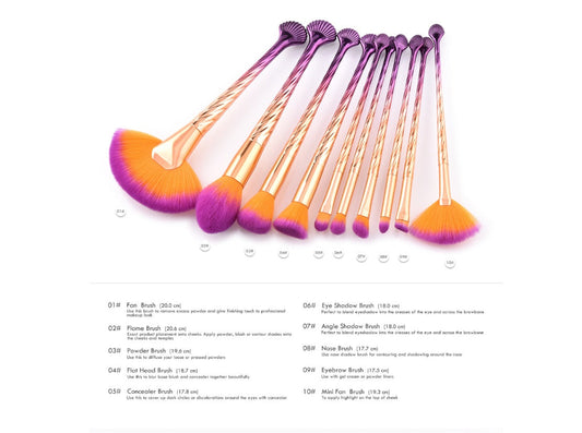 JMT-275018 Gold and Purple Gradient Fan Brush Set with Nylon Hair – 10 Makeup Brushes