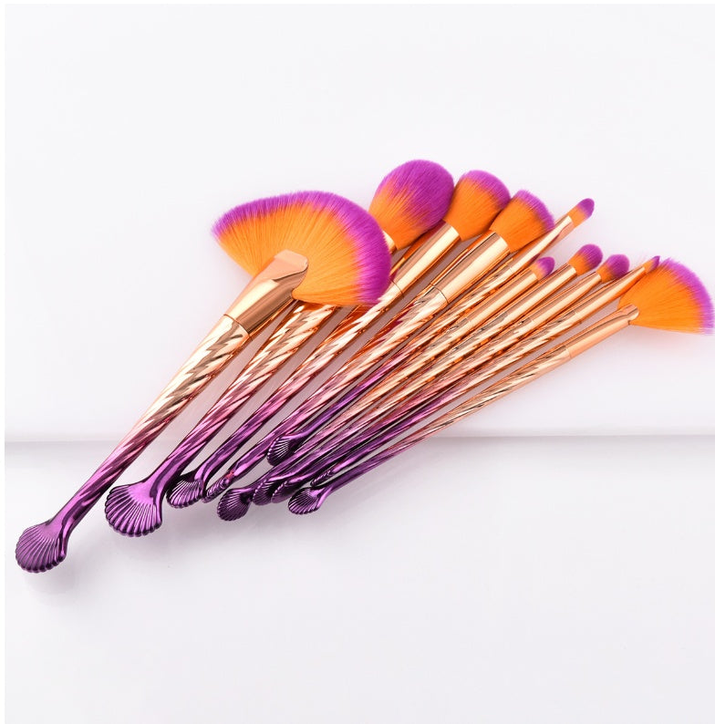 JMT-275018 Gold and Purple Gradient Fan Brush Set with Nylon Hair – 10 Makeup Brushes
