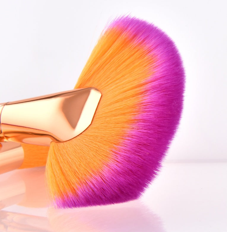 JMT-275018 Gold and Purple Gradient Fan Brush Set with Nylon Hair – 10 Makeup Brushes