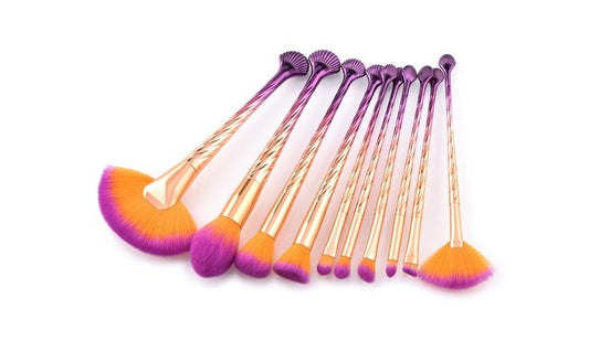 JMT-275018 Gold and Purple Gradient Fan Brush Set with Nylon Hair – 10 Makeup Brushes