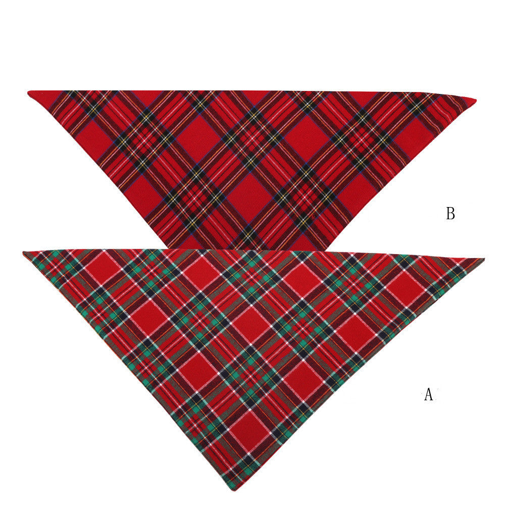JMT-275210 Double Cotton Plaid Triangle Scarf for Pets - Warm Red and Green Bib for Dogs and Cats