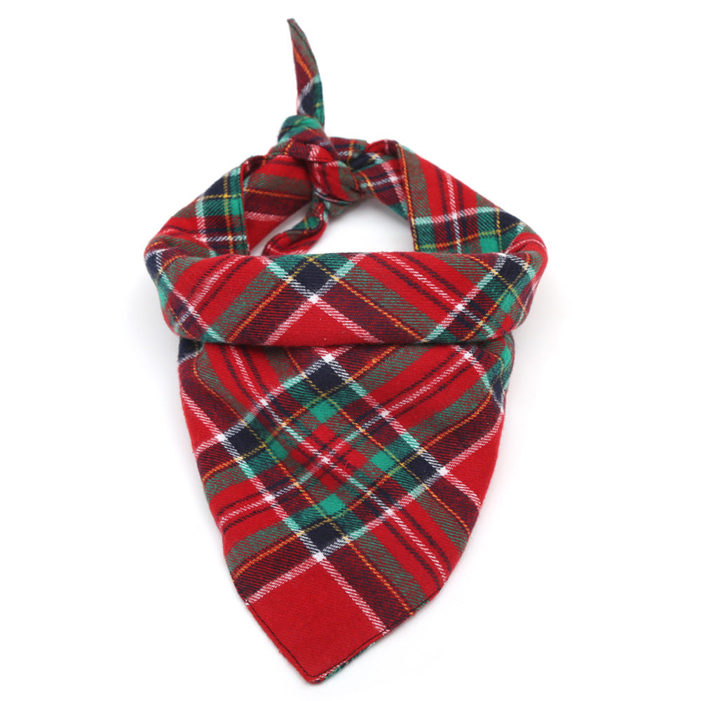 JMT-275210 Double Cotton Plaid Triangle Scarf for Pets - Warm Red and Green Bib for Dogs and Cats