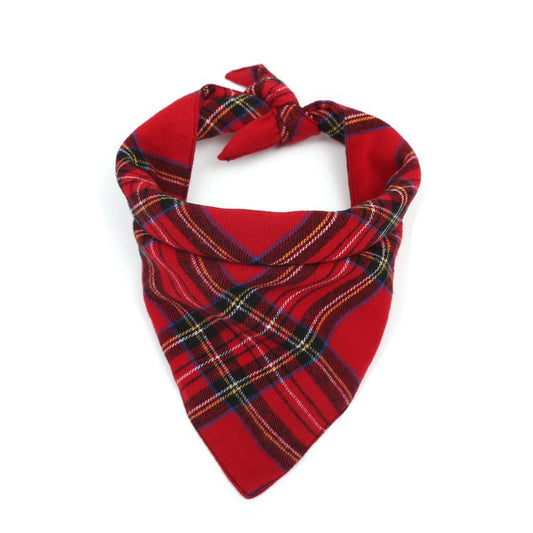 JMT-275210 Double Cotton Plaid Triangle Scarf for Pets - Warm Red and Green Bib for Dogs and Cats