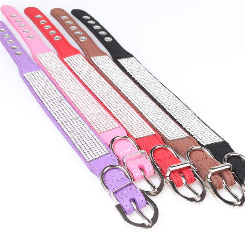 JMT-275402 Microfiber Rhinestone Dog Collar - Red, Black, Purple, Brown - Adjustable Sizes 22-37CM