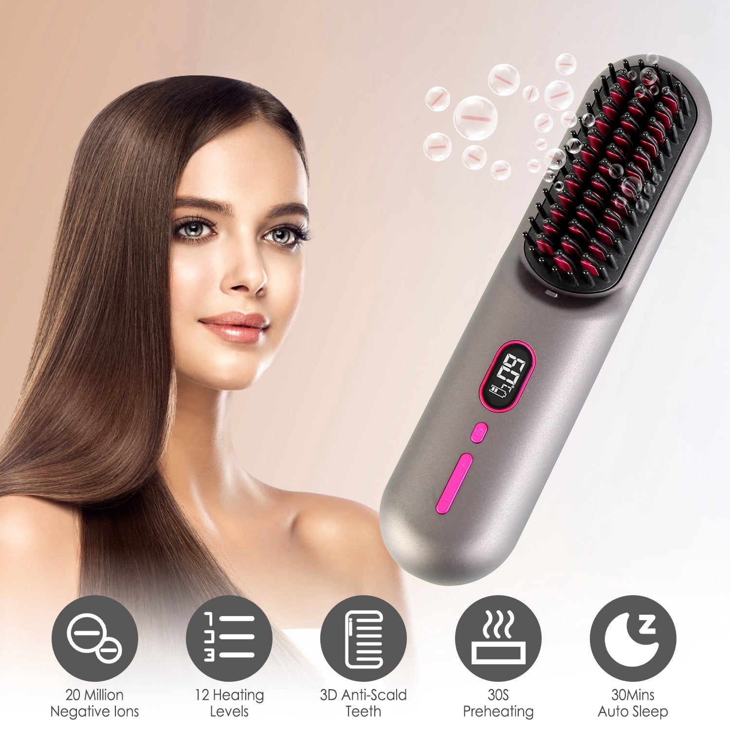 JMT-276874 Cordless Mini Hair Straightener Brush with 12 Heating Levels, Anti-Scald Design, and 30Mins Auto Sleep