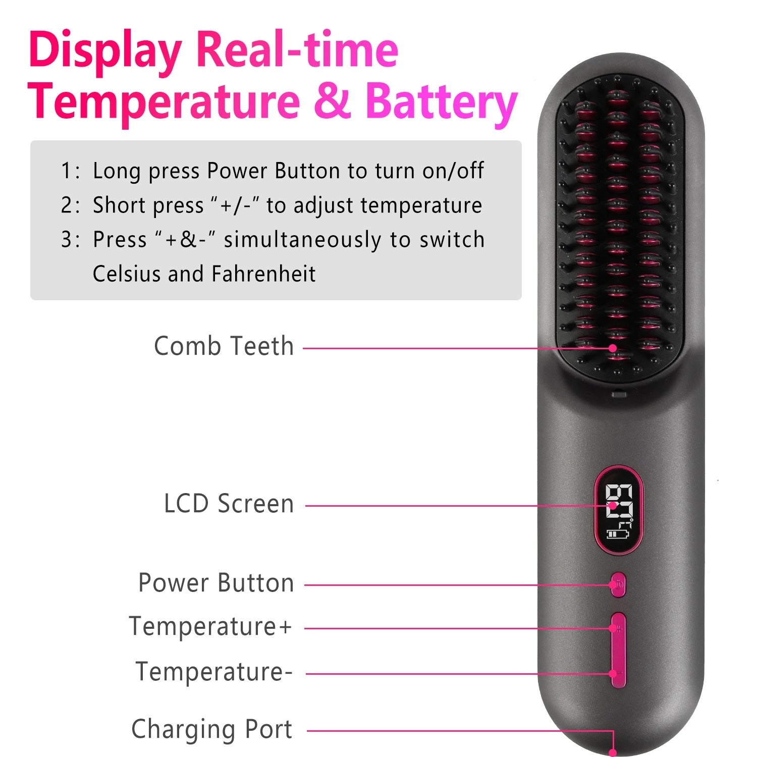 JMT-276874 Cordless Mini Hair Straightener Brush with 12 Heating Levels, Anti-Scald Design, and 30Mins Auto Sleep