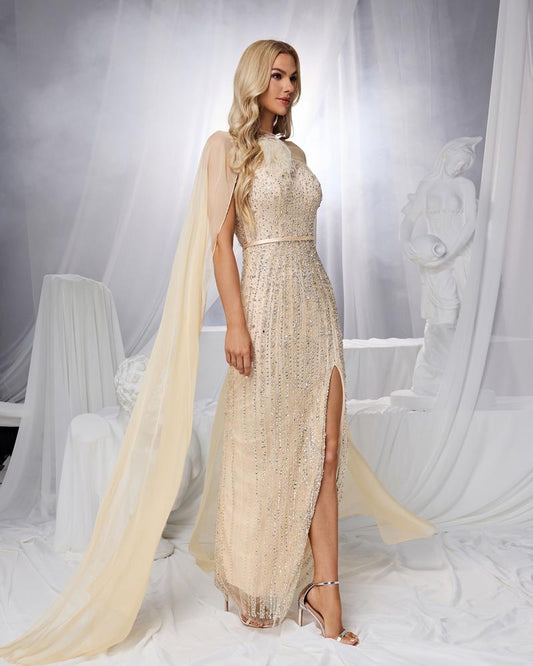 JMT-277130 Golden Luxury Evening Dress for Women, Model SH0120, Elegantly Designed for Special Occasions