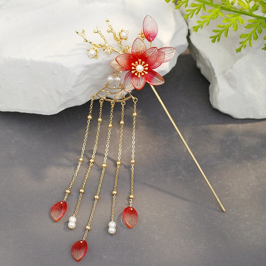 JMT-277578 Vintage Flower Tassel Hairpin with Imitation Jade and Inlaid Pearls