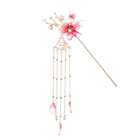 JMT-277578 Vintage Flower Tassel Hairpin with Imitation Jade and Inlaid Pearls
