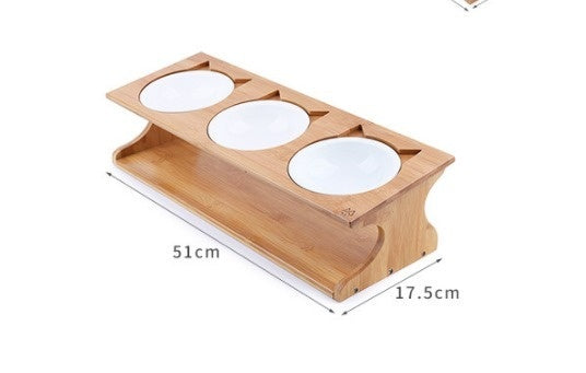 JMT-278218 Natural Solid Wood Cat Bowl with Bone China Dish Rack - Eco-Friendly Design