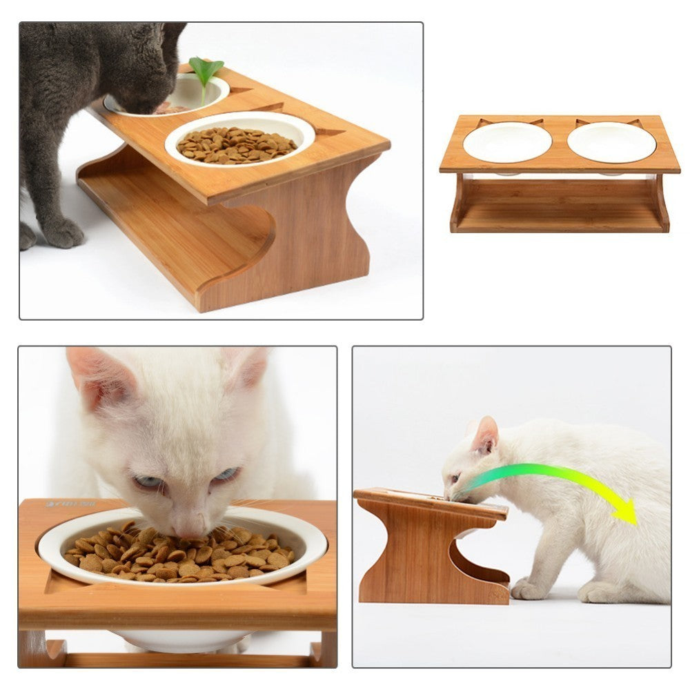 JMT-278218 Natural Solid Wood Cat Bowl with Bone China Dish Rack - Eco-Friendly Design