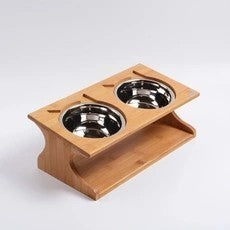 JMT-278218 Natural Solid Wood Cat Bowl with Bone China Dish Rack - Eco-Friendly Design