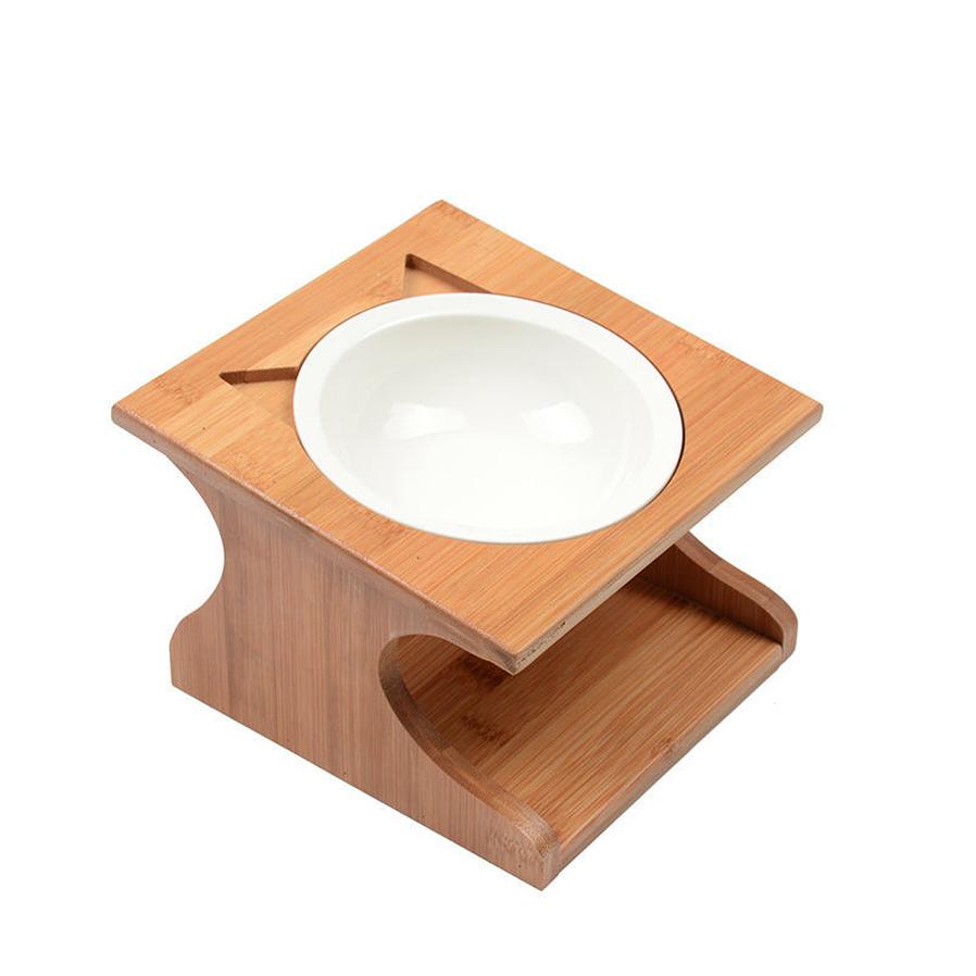 JMT-278218 Natural Solid Wood Cat Bowl with Bone China Dish Rack - Eco-Friendly Design