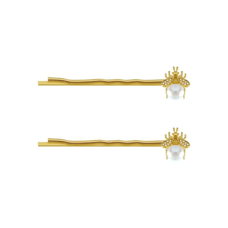 JMT-278730 Korean Style Heart-Shaped Pearl Hairpins - Gold Micro-Inlaid Word Clips
