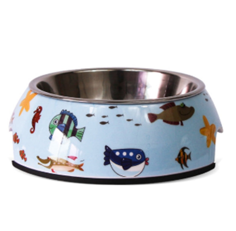 JMT-279370 Stainless Steel Cat and Dog Bowl Set with Melamine Base - Various Patterns and Sizes Available