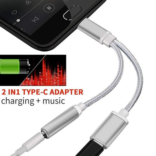 JMT-279370 Type-C to 3.5mm Audio and Charging Adapter Cable - Braided Design, Multiple Colors Available