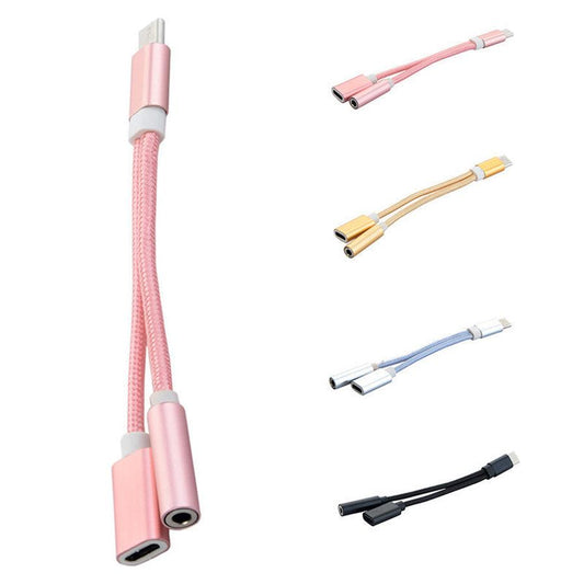 JMT-279370 Type-C to 3.5mm Audio and Charging Adapter Cable - Braided Design, Multiple Colors Available