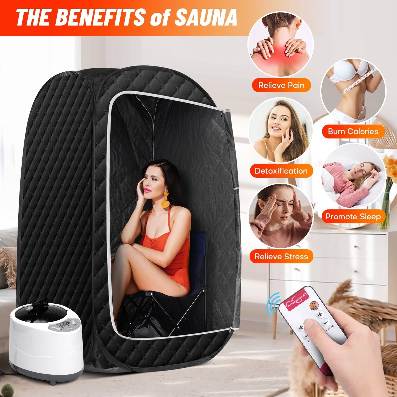 JMT-282890 Portable Full Body Steam Sauna Tent with 2.6L Steam Generator, Remote Control, and Folding Chair
