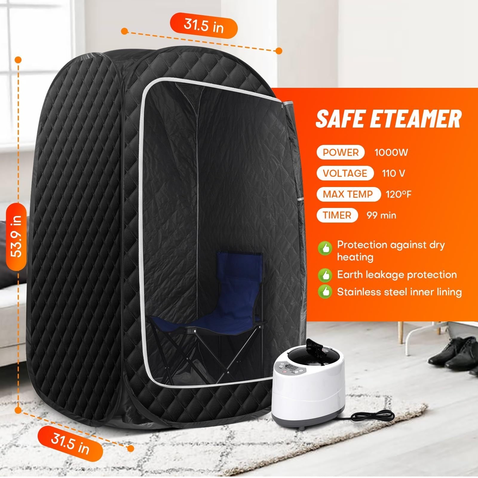 JMT-282890 Portable Full Body Steam Sauna Tent with 2.6L Steam Generator, Remote Control, and Folding Chair