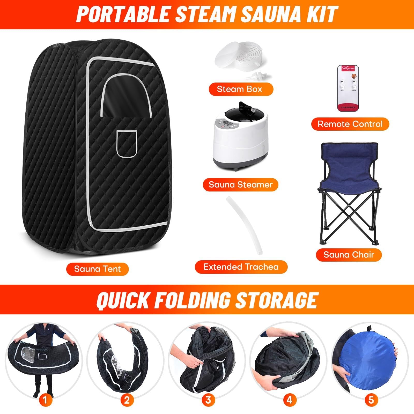 JMT-282890 Portable Full Body Steam Sauna Tent with 2.6L Steam Generator, Remote Control, and Folding Chair