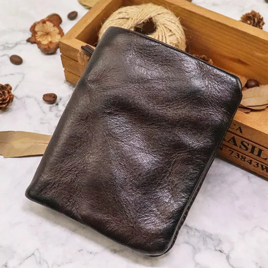 JMT-283018 Vintage Vegetable Tanned Leather Multi-Card Zipper Wallet for Men