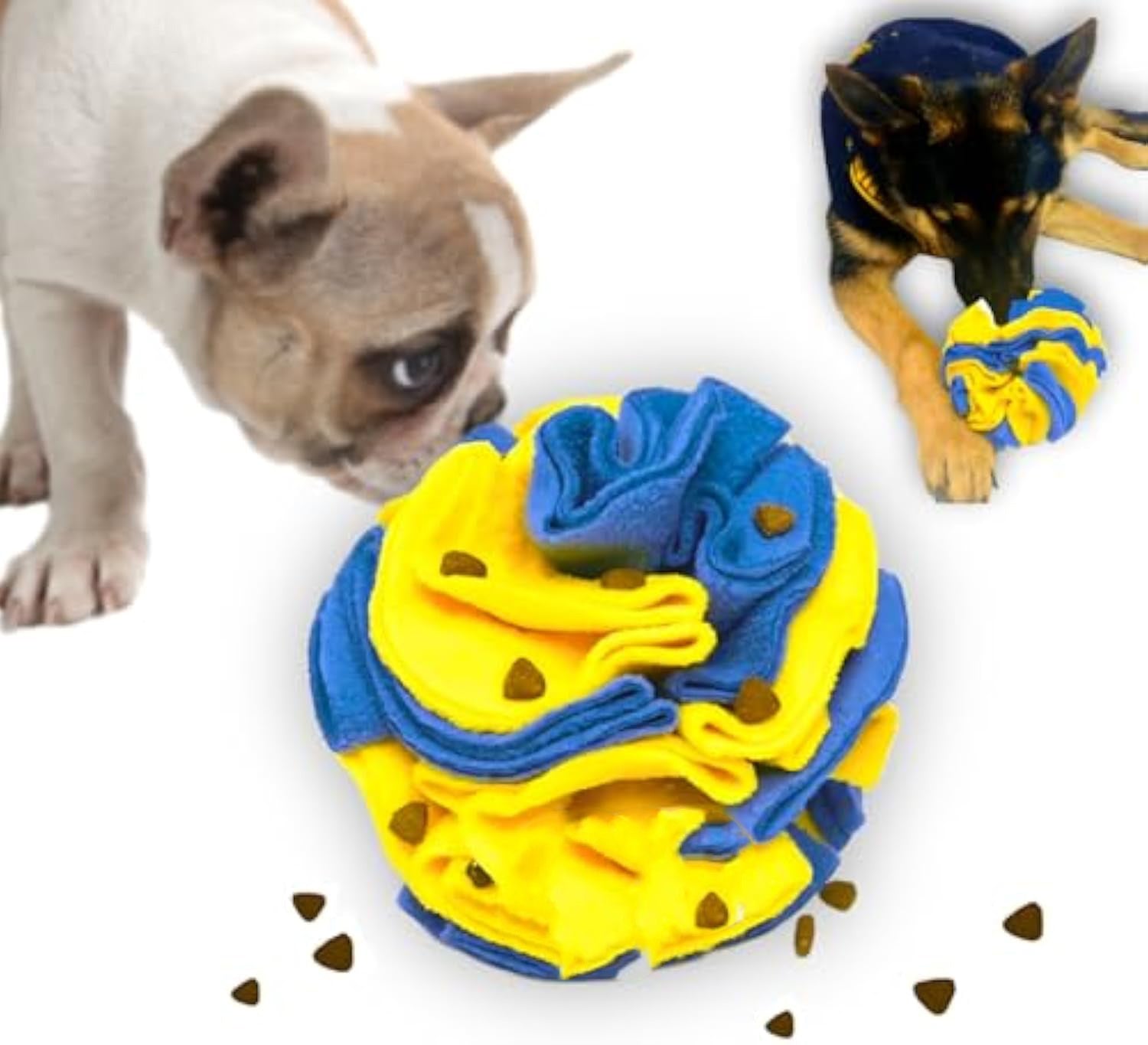 JMT-289226 Interactive Foraging Puzzle Ball for Dogs - Engaging Enrichment Toy in Vibrant Yellow and Blue for Visual Stimulation and Snuffle Activities